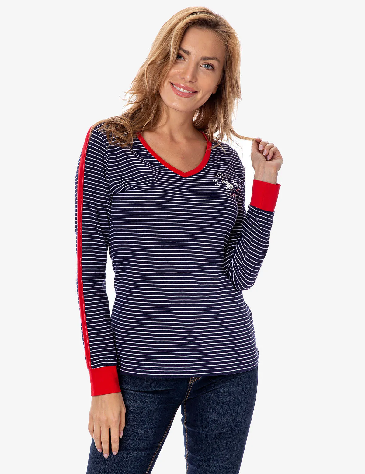 STRIPED V-NECK LONG SLEEVE T-SHIRT