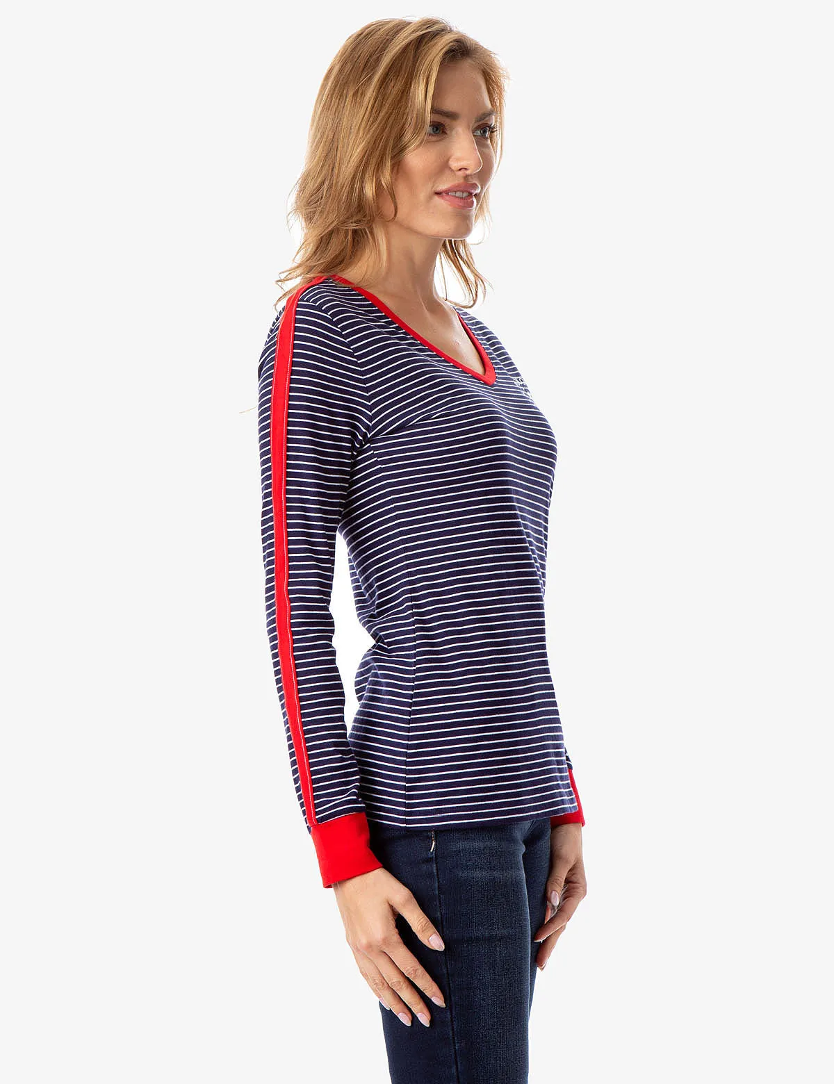 STRIPED V-NECK LONG SLEEVE T-SHIRT