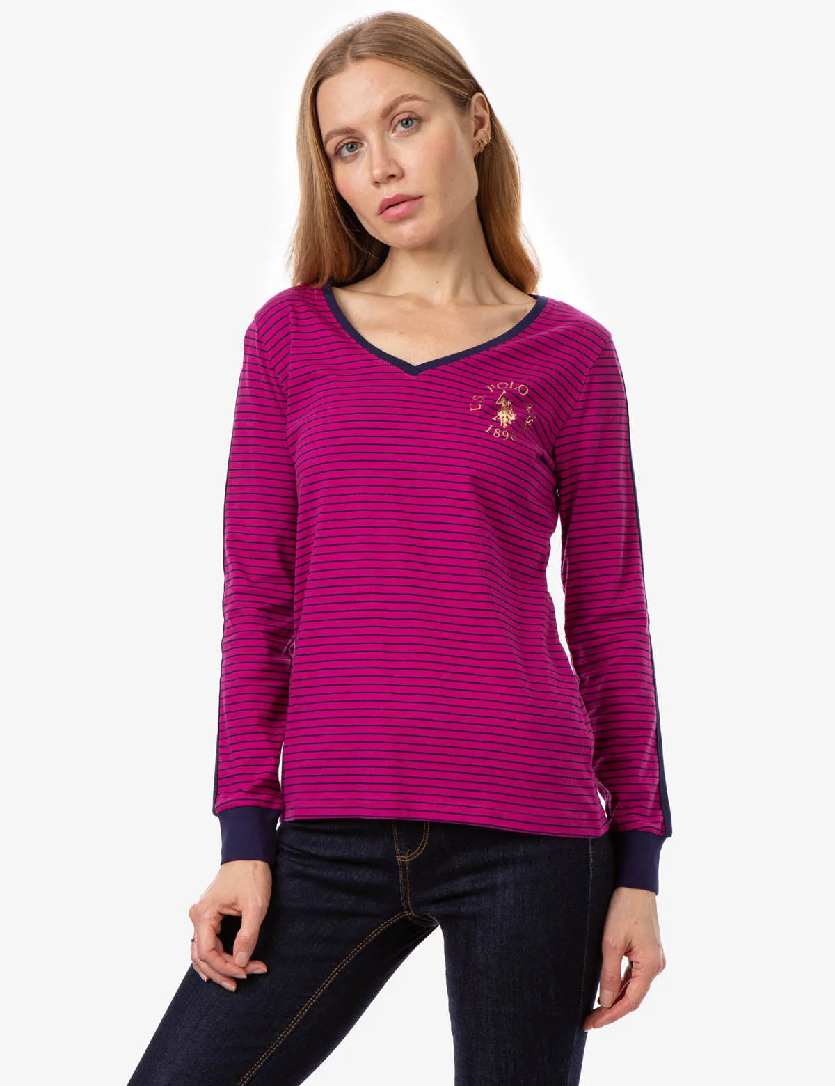 STRIPED V-NECK LONG SLEEVE T-SHIRT