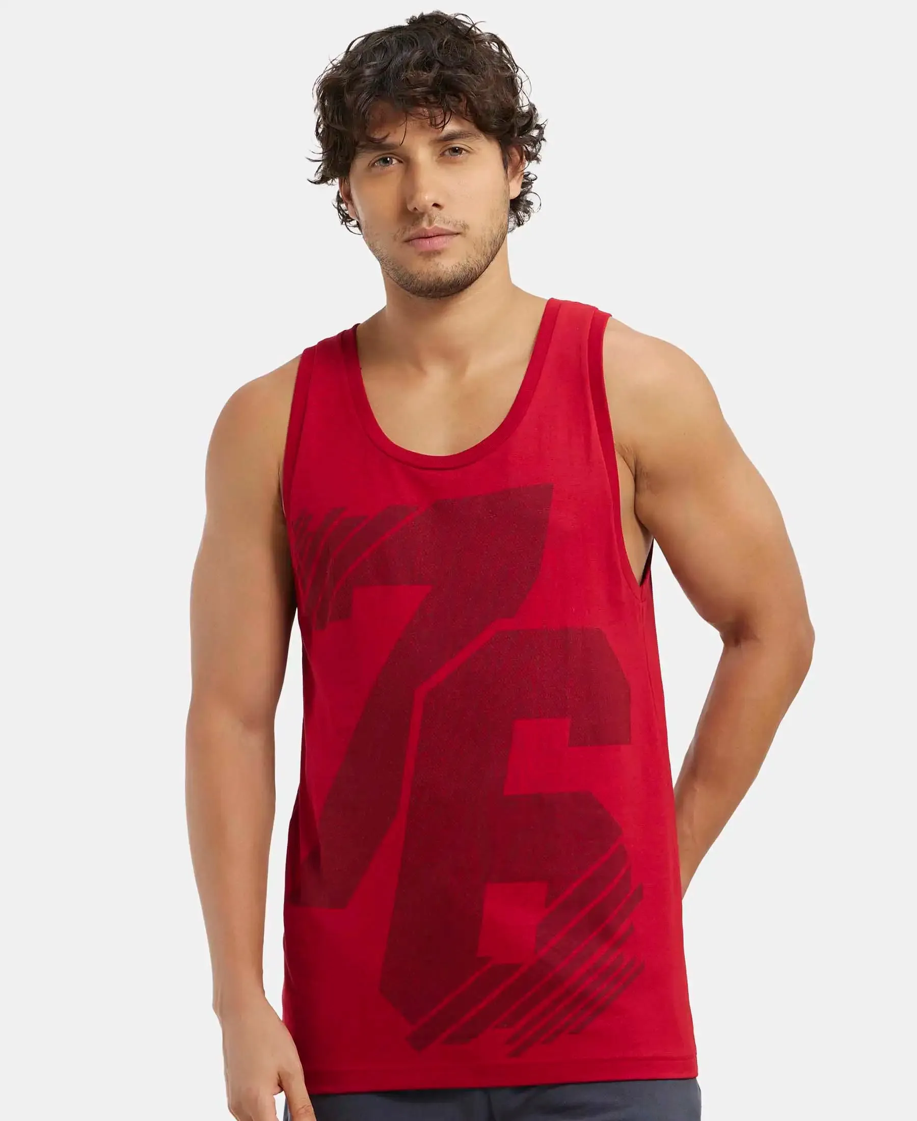 Super Combed Cotton Rich Graphic Printed Tank Top - Shangai Red Print