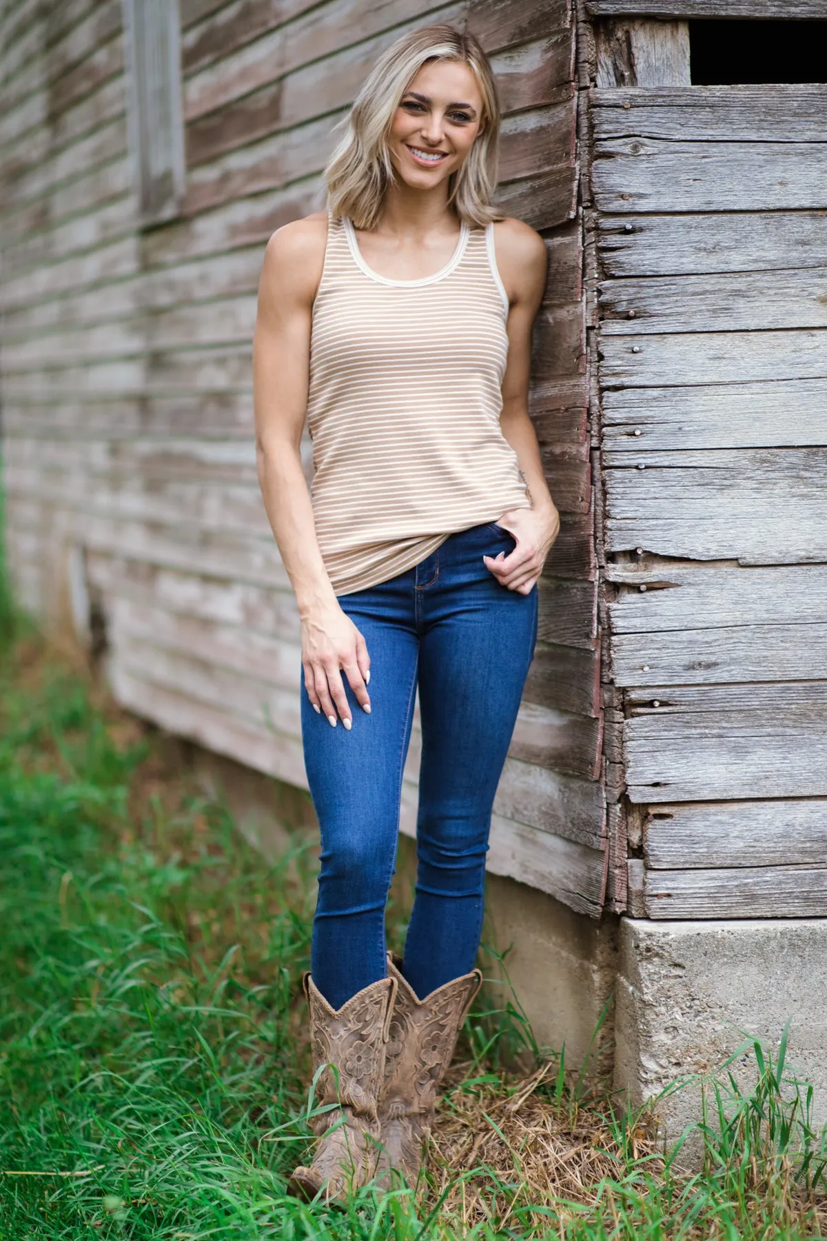 Tan Stripe Criss-Cross Back Tank