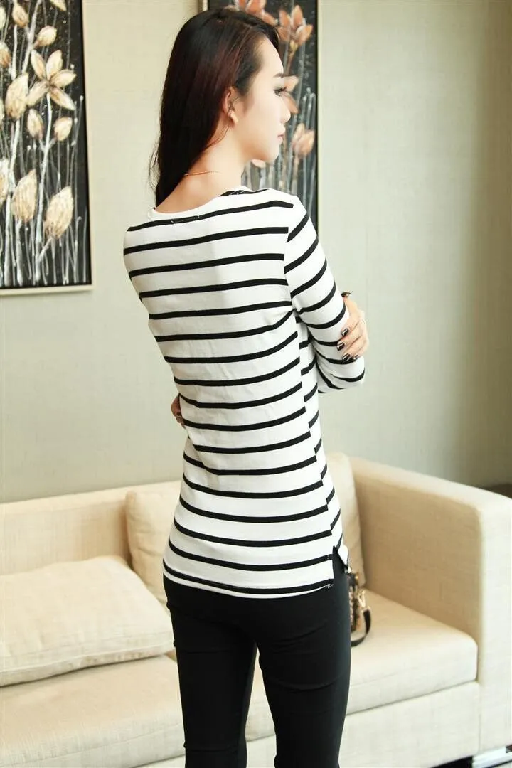 Tee Shirt Stripe Long Sleeve Tshirt Women Cotton Causal Womens Tops