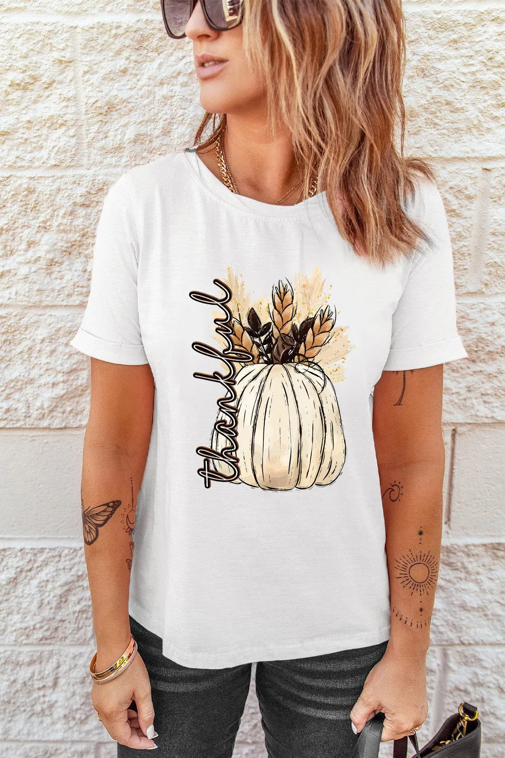 Thankful Graphic Round Neck Short Sleeve Tee