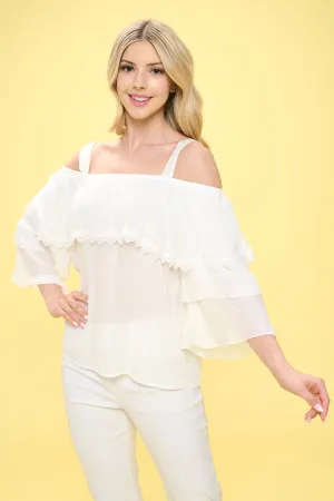 TREE TIER CROCHET TRIM COLD SHOULDER BLOUSE