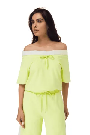 TRIBE OF 6 AVERY BRUSHED BAMBOO OFF SHOULDER 3/4 SLEEVE  SWEAT TOP WITH TAPE DETAIL