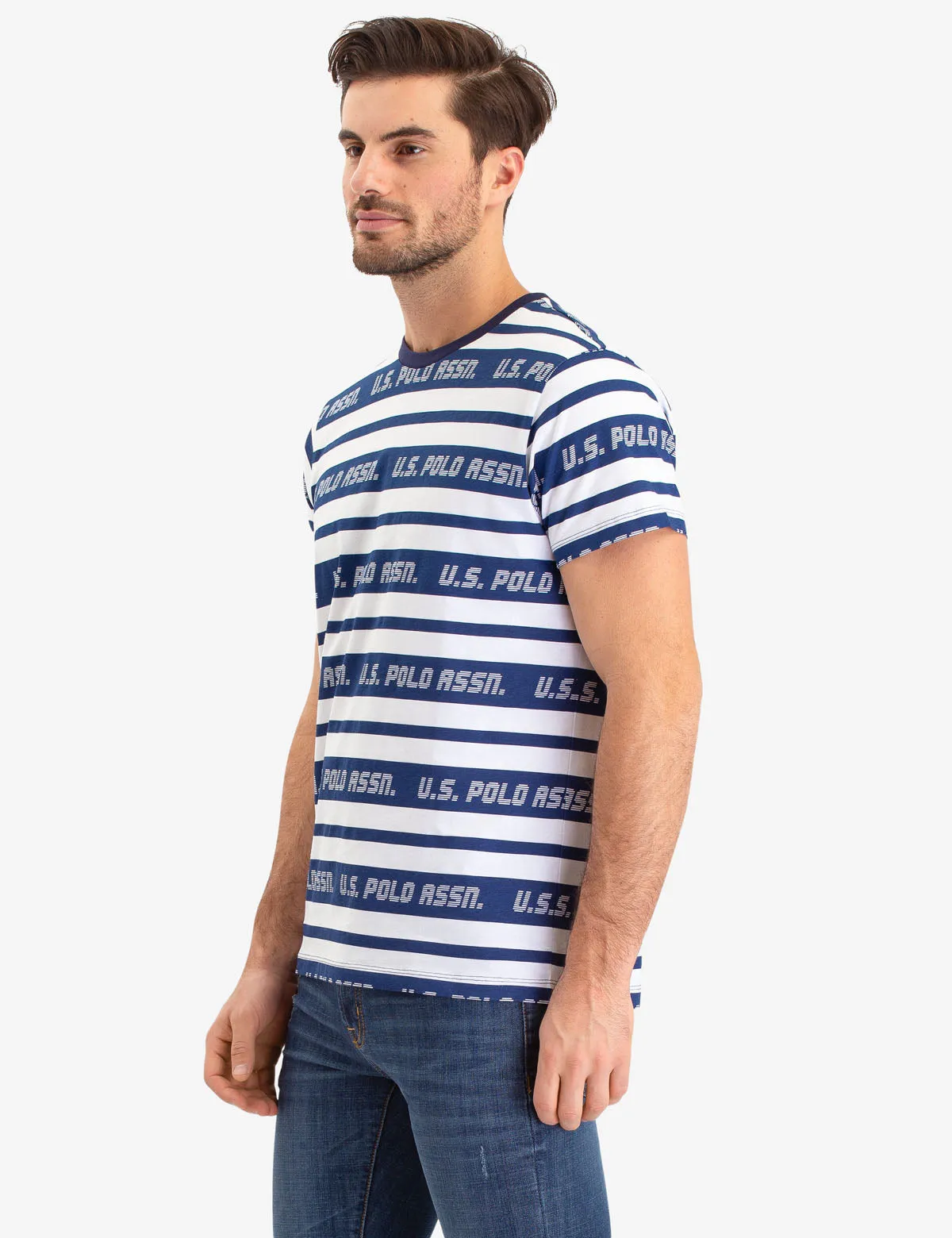 UPSA LOGO STRIPED CREW NECK T-SHIRT