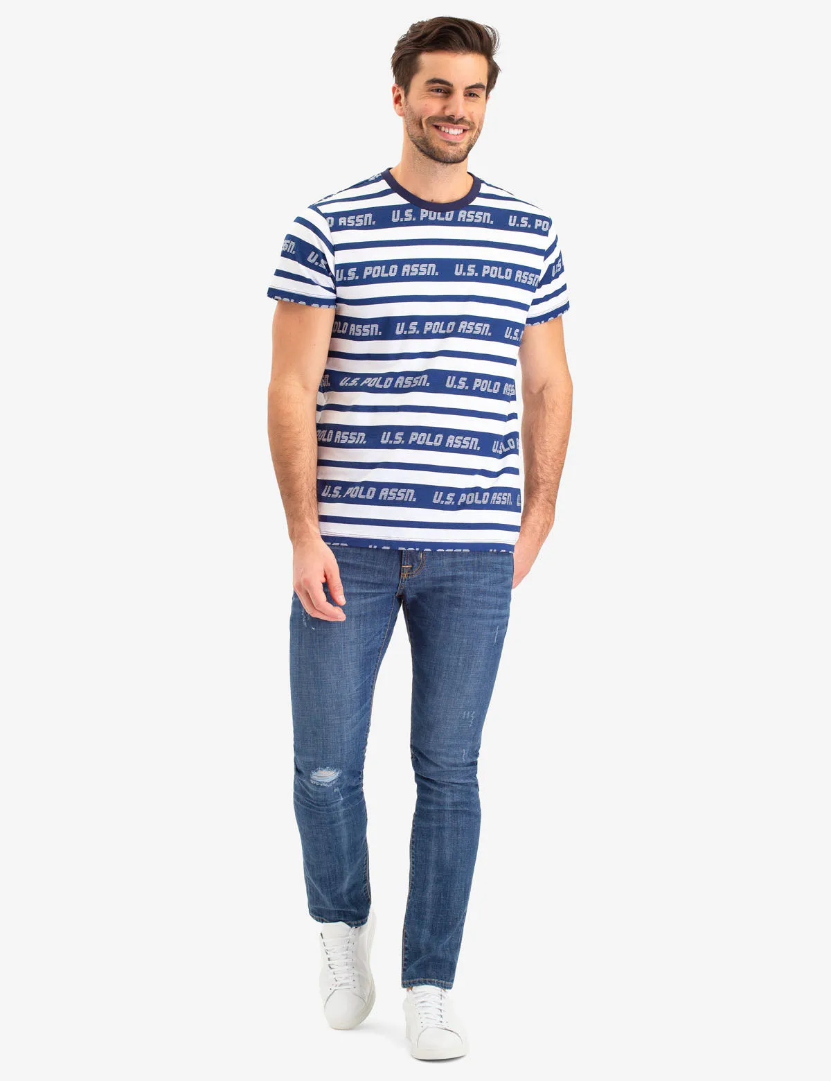 UPSA LOGO STRIPED CREW NECK T-SHIRT