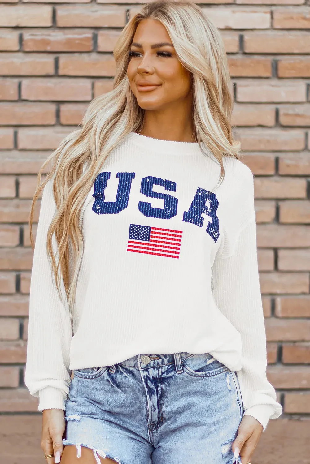 USA Graphic Round Neck Long Sleeve Top