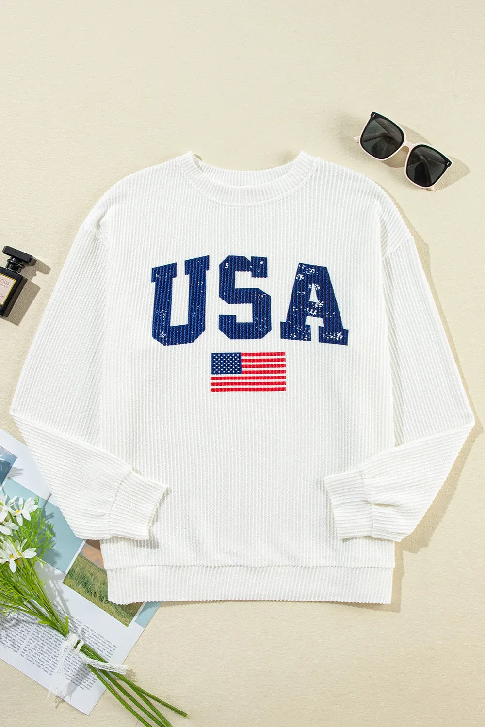 USA Graphic Round Neck Long Sleeve Top