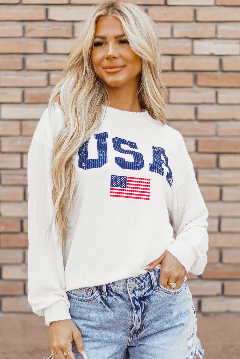 USA Graphic Round Neck Long Sleeve Top