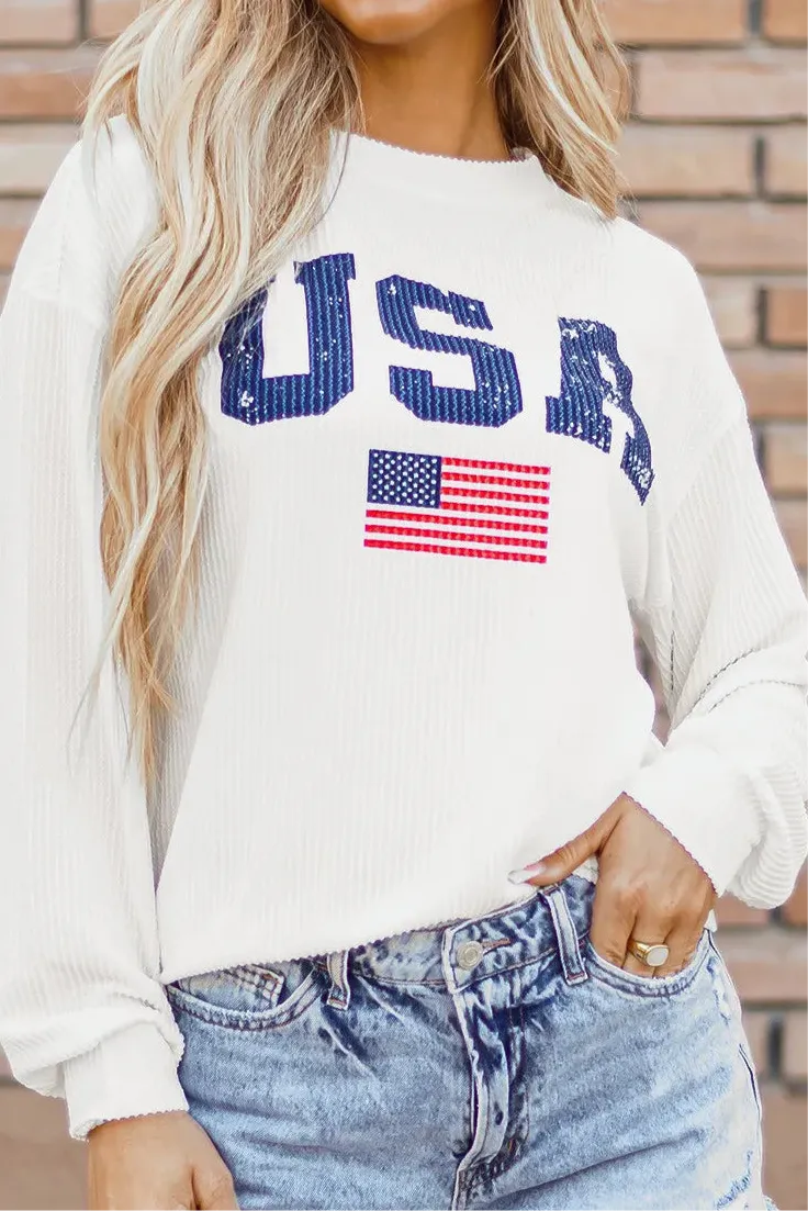USA Graphic Round Neck Long Sleeve Top