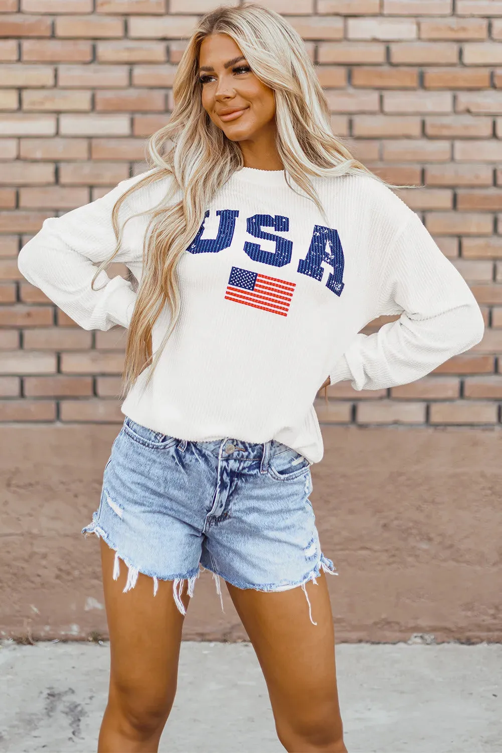 USA Graphic Round Neck Long Sleeve Top