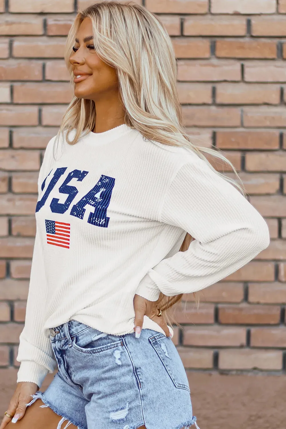 USA Graphic Round Neck Long Sleeve Top