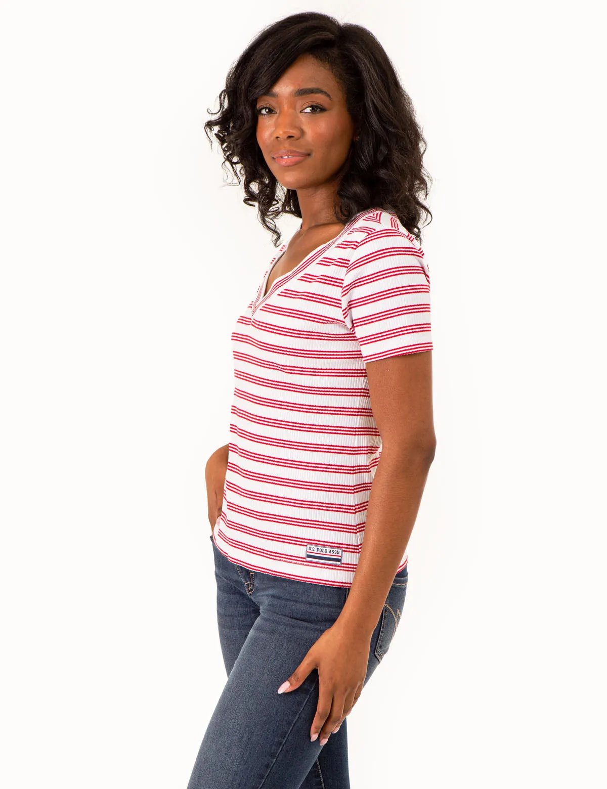 V-NECK RIBBED STRIPED TOP