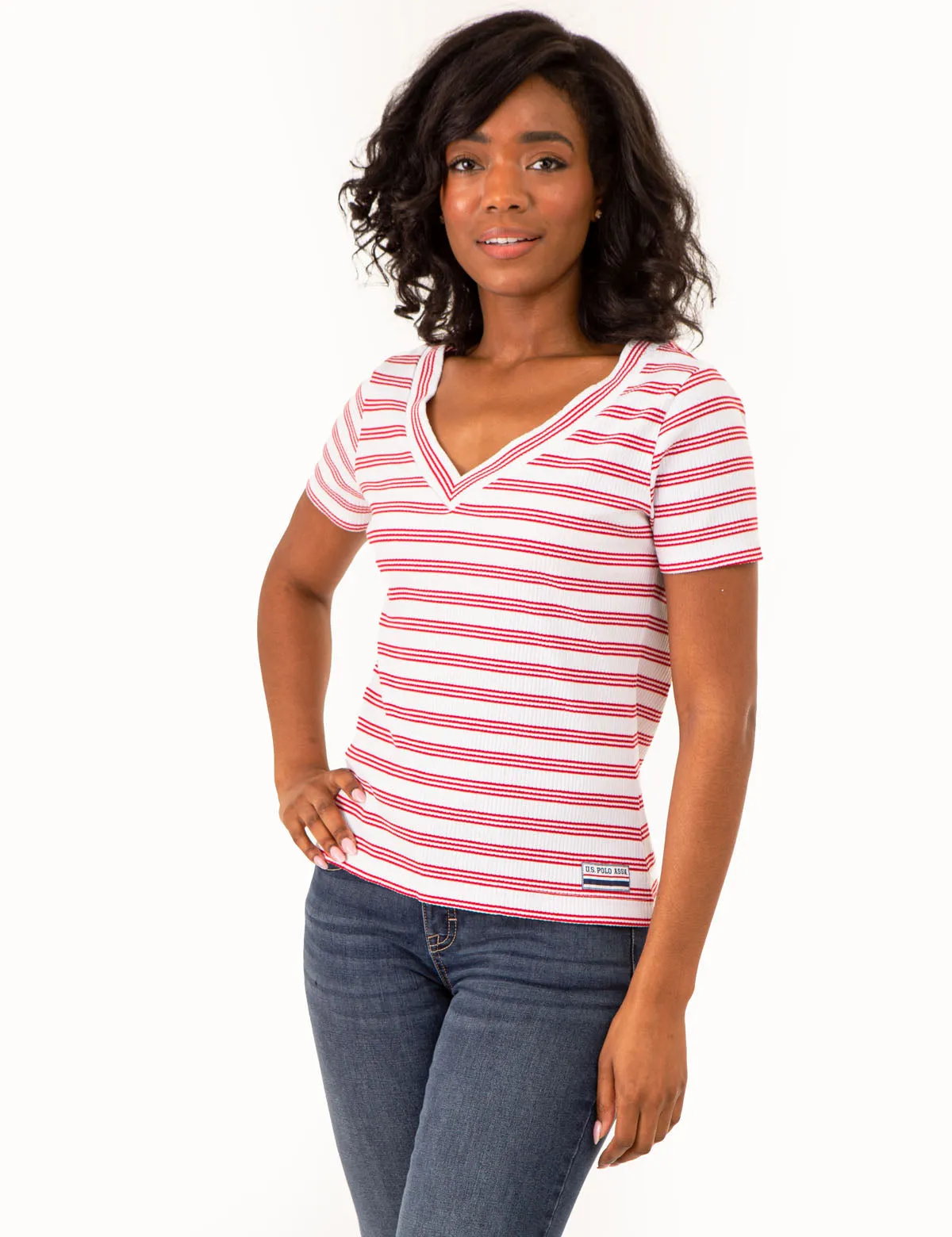 V-NECK RIBBED STRIPED TOP