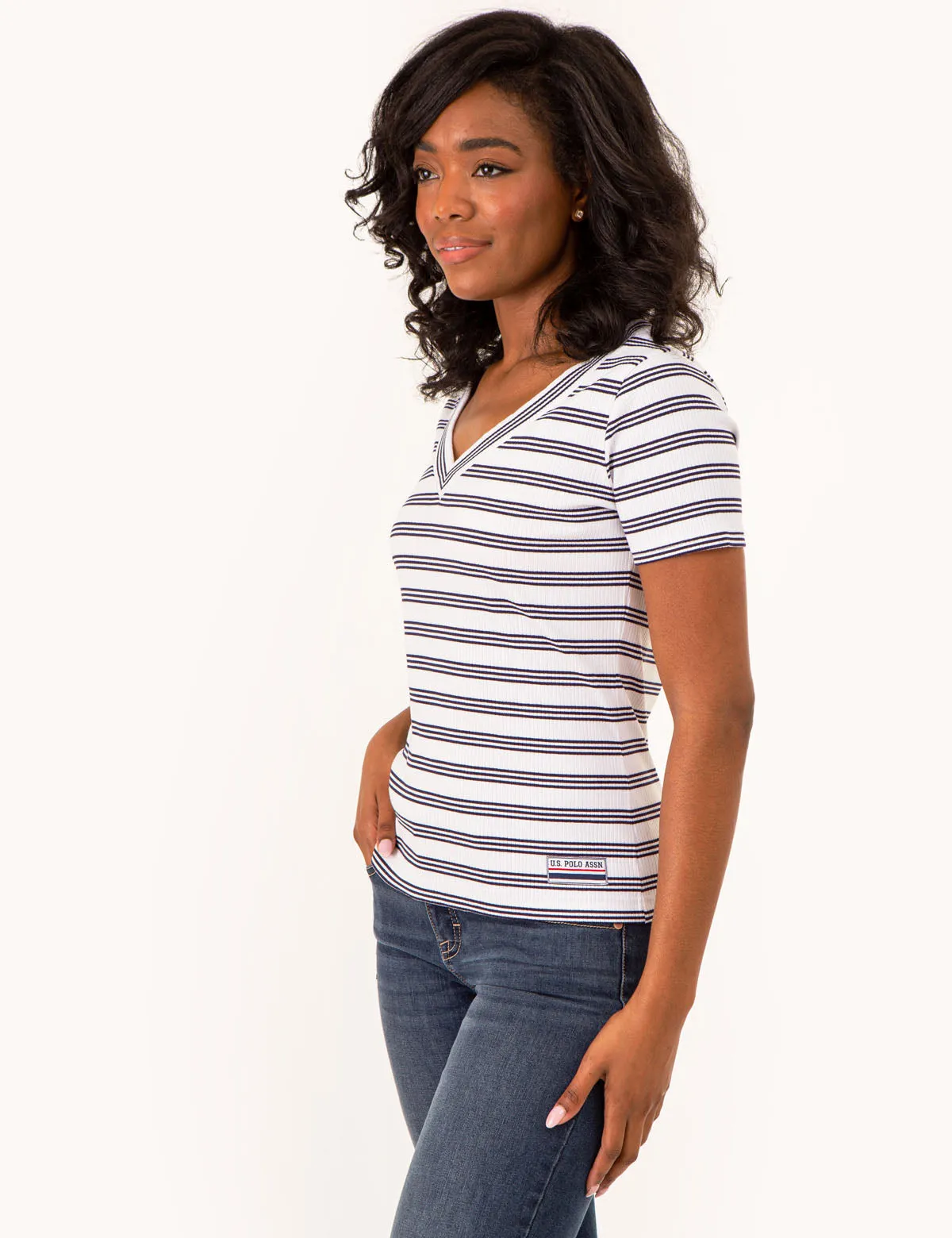 V-NECK RIBBED STRIPED TOP