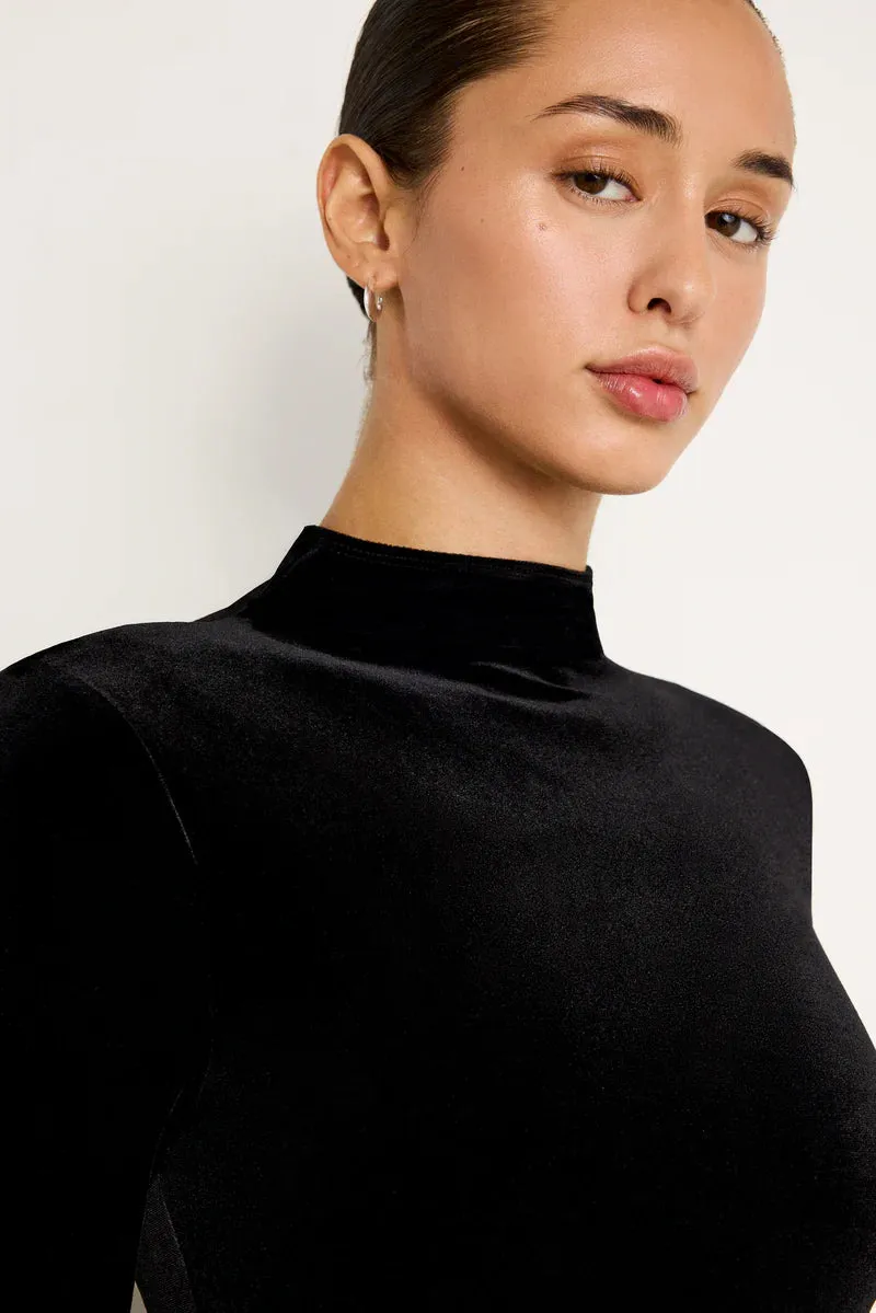 Velvet Long Sleeve Bodysuit in Black