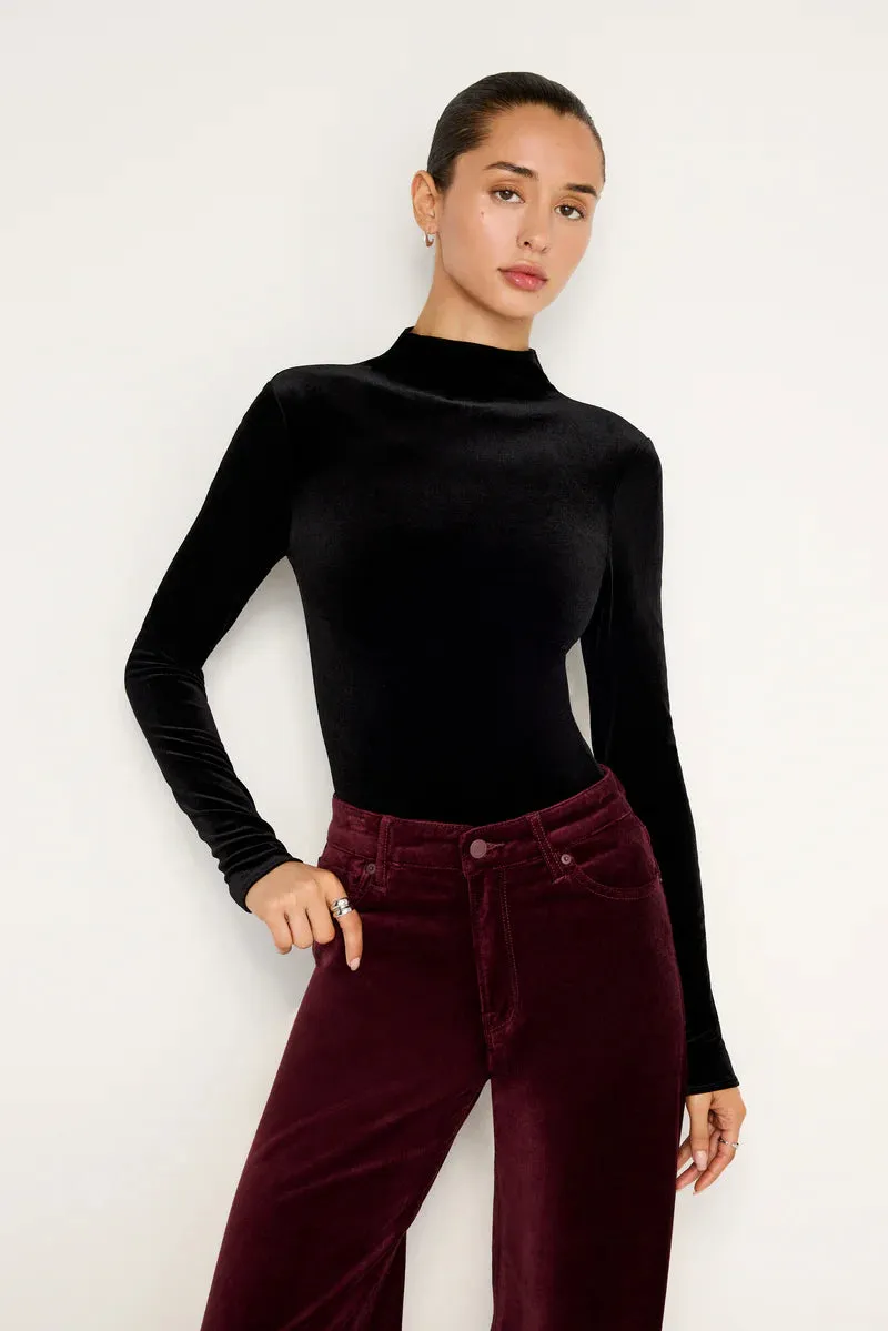 Velvet Long Sleeve Bodysuit in Black