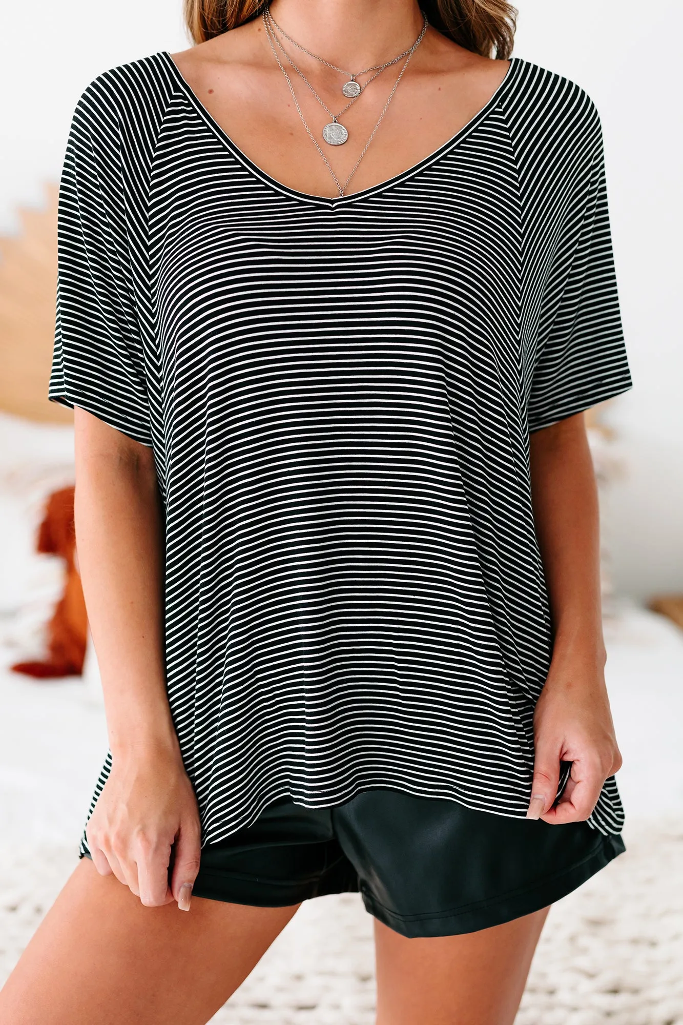 Weekend Living Striped V-Neck Tee (Black/White)