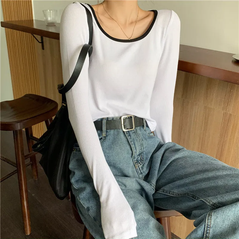 White Fitted Full Sleeved Ringer Top