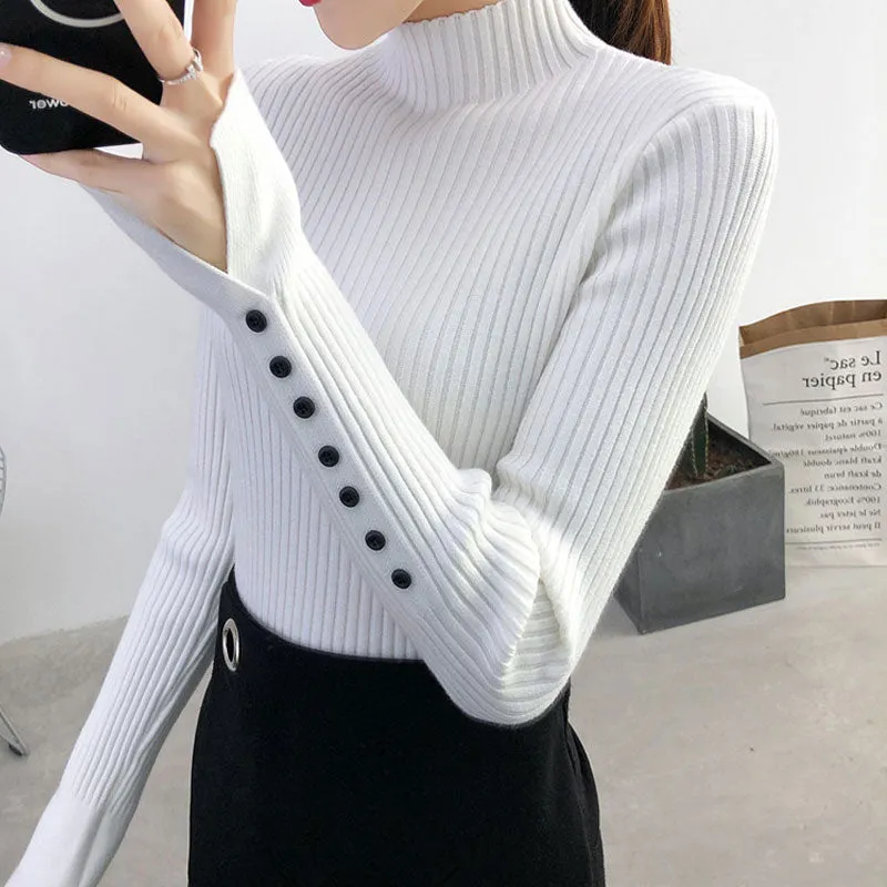 White High Neck Top with Sleeve Buttons