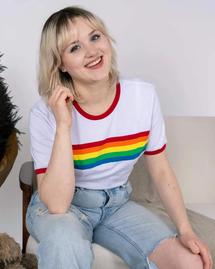 White Ringer Retro Rainbow Striped T Shirt