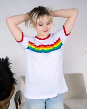 White Ringer Retro Rainbow Striped T Shirt