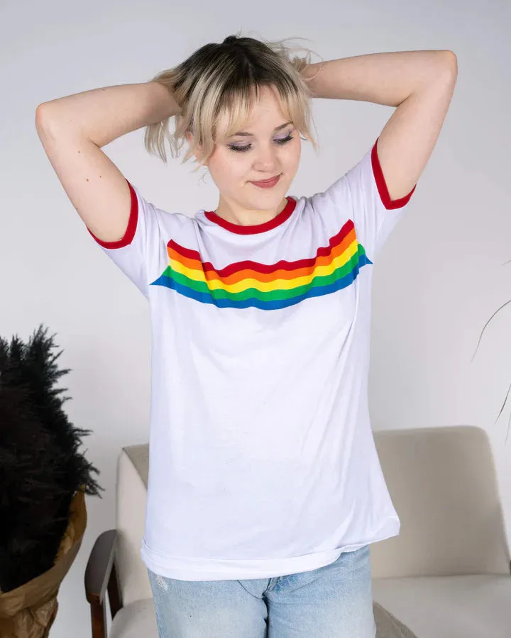 White Ringer Retro Rainbow Striped T Shirt