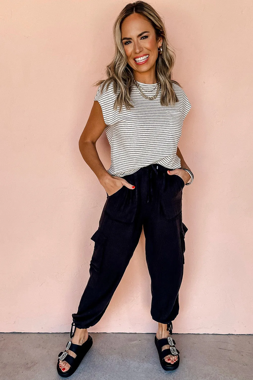 White Stripe Cap Sleeve Crew Neck Casual Tee with Chest Pocket