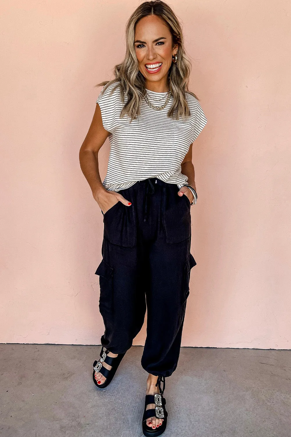 White Stripe Cap Sleeve Crew Neck Casual Tee with Chest Pocket