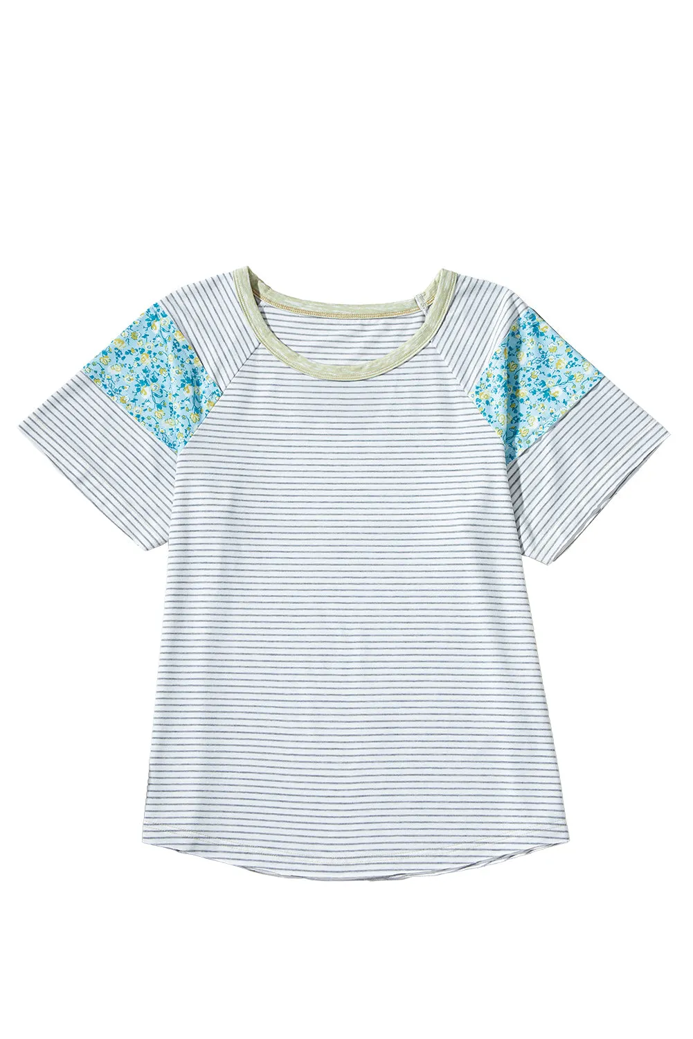 White Stripe Floral Insert Sleeves Contrast Round Neck Tee