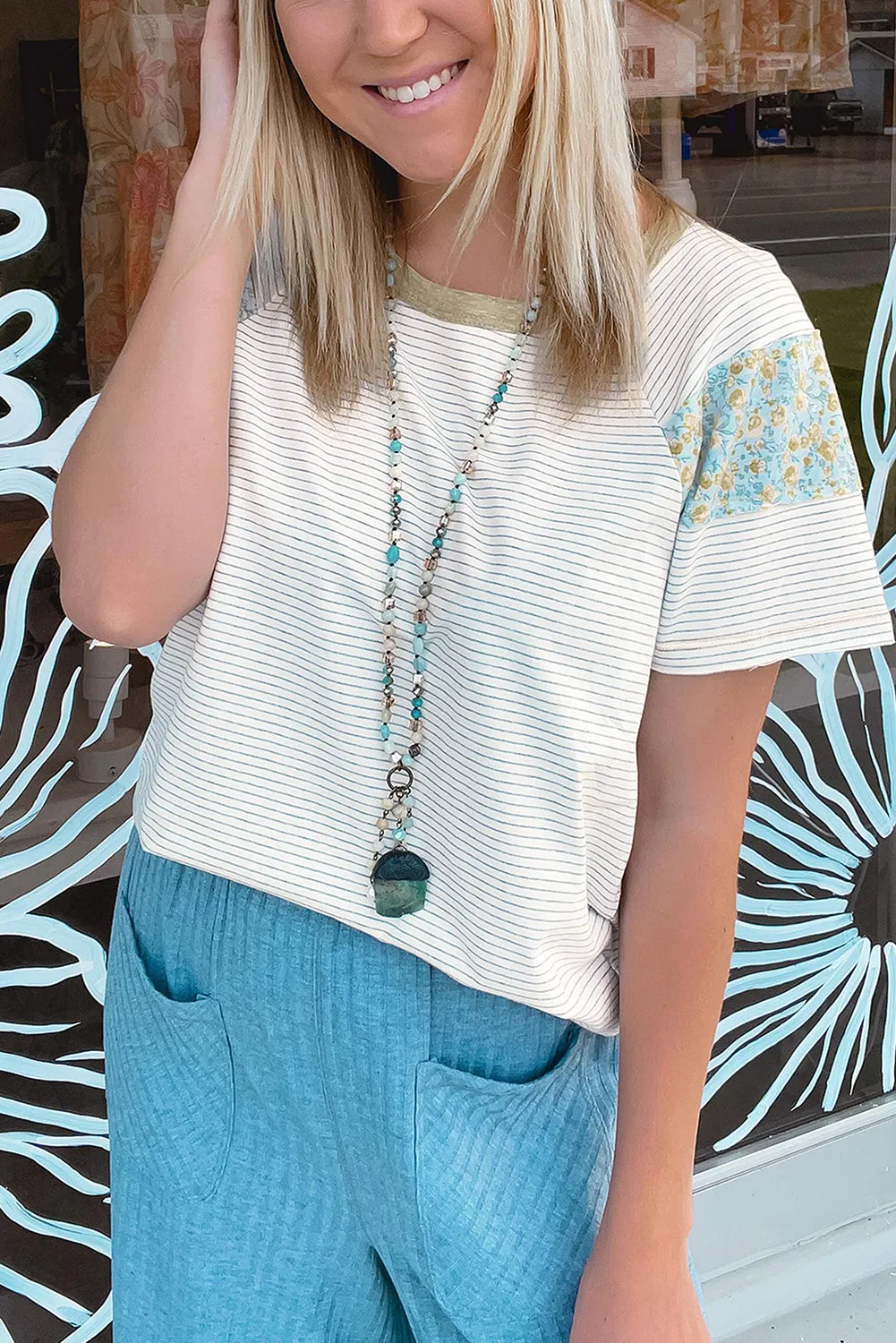 White Stripe Floral Insert Sleeves Contrast Round Neck Tee