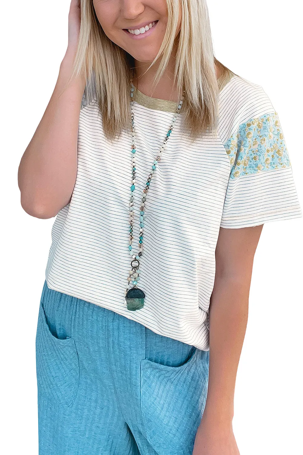 White Stripe Floral Insert Sleeves Contrast Round Neck Tee