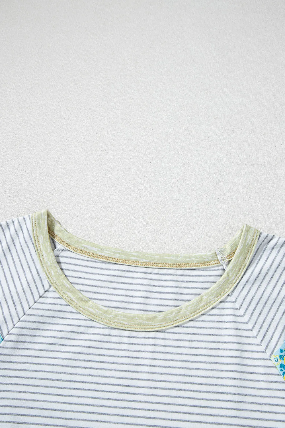 White Stripe Floral Insert Sleeves Contrast Round Neck Tee