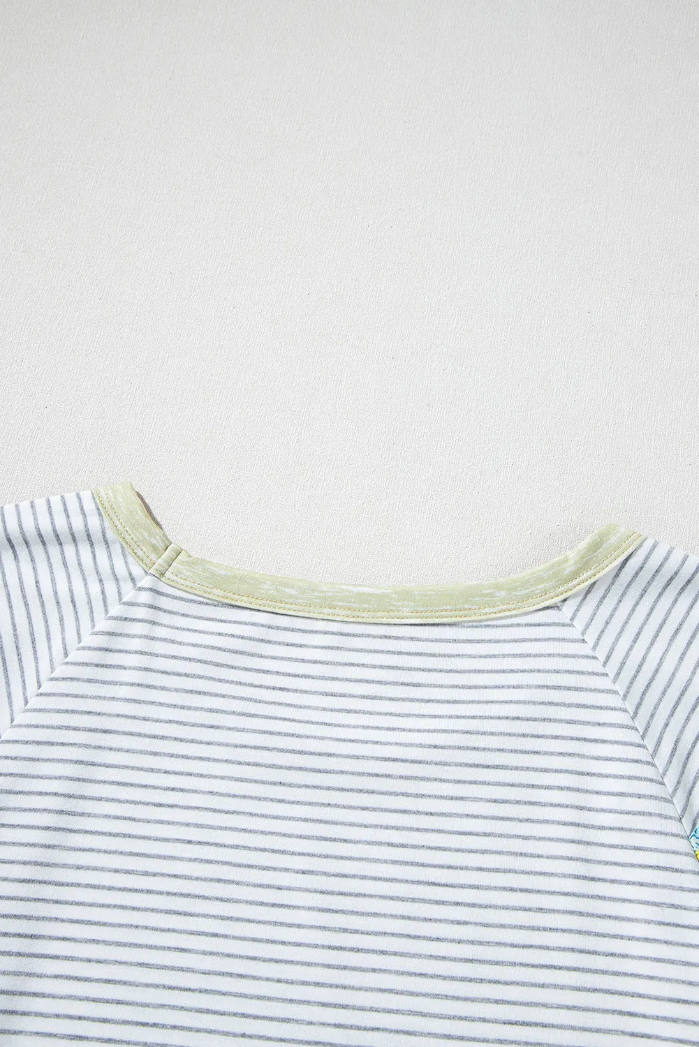 White Stripe Floral Insert Sleeves Contrast Round Neck Tee