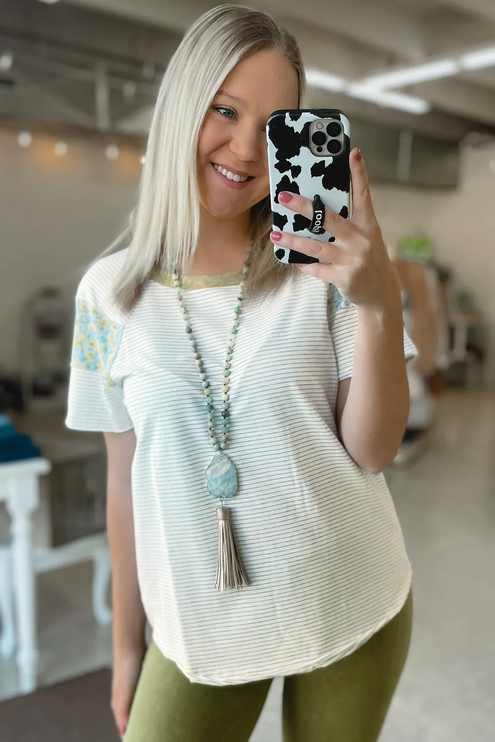 White Stripe Floral Insert Sleeves Contrast Round Neck Tee