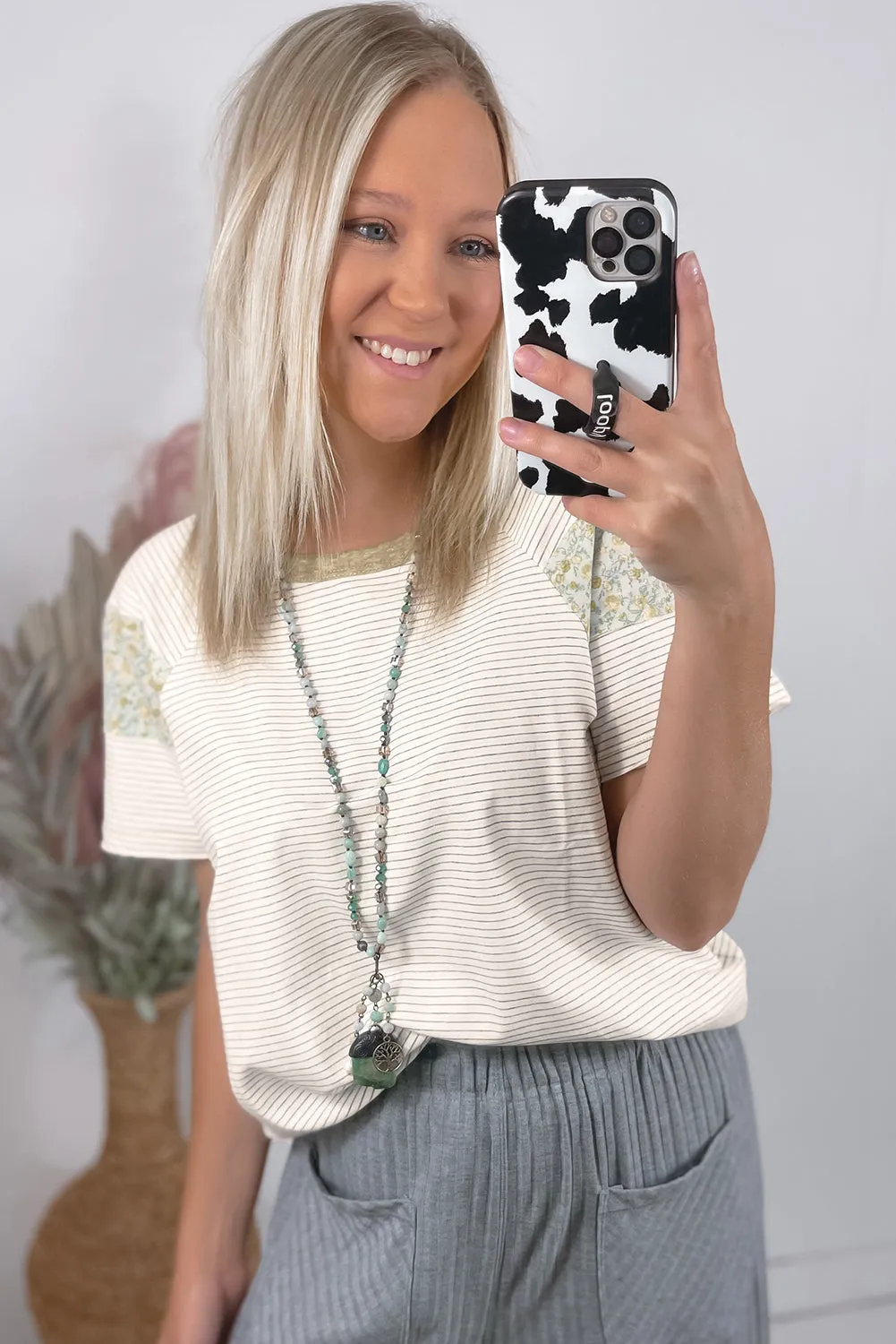 White Stripe Floral Insert Sleeves Contrast Round Neck Tee