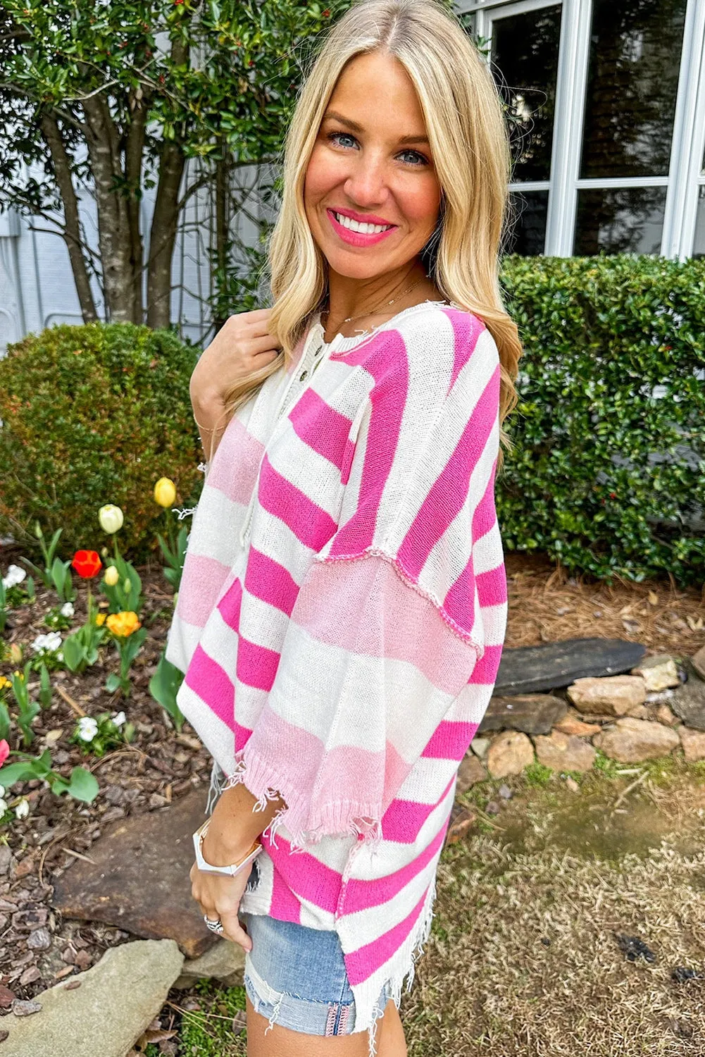 White Stripe Half Button Distressed Patchwork Loose Knit Top