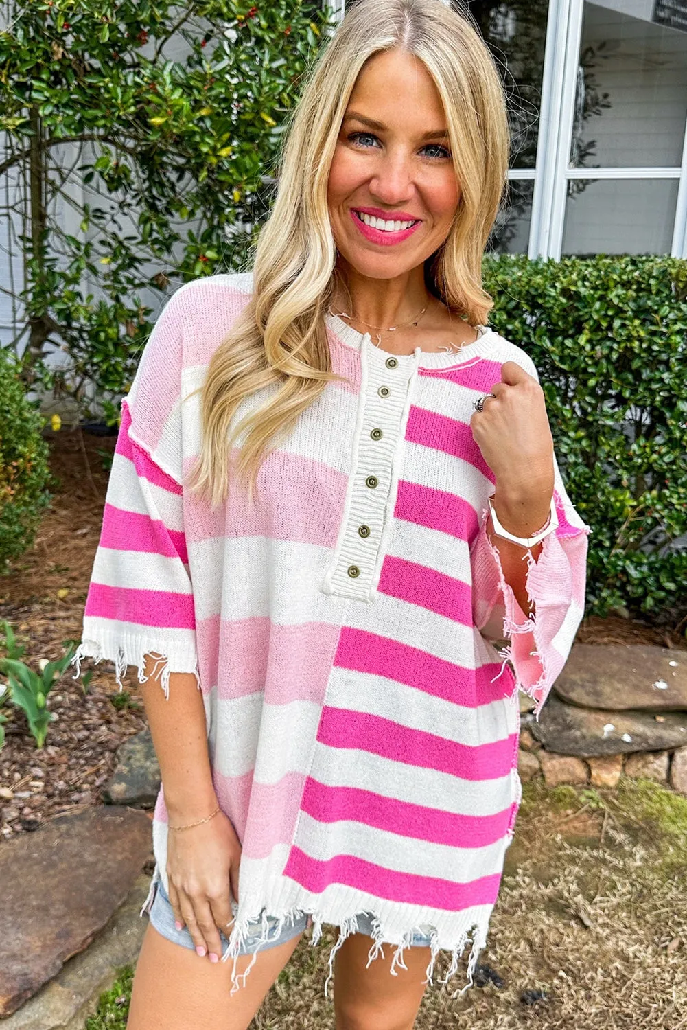 White Stripe Half Button Distressed Patchwork Loose Knit Top