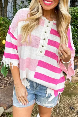 White Stripe Half Button Distressed Patchwork Loose Knit Top