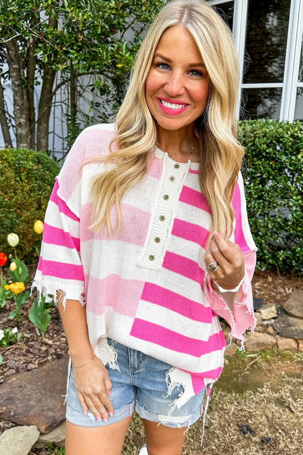 White Stripe Half Button Distressed Patchwork Loose Knit Top