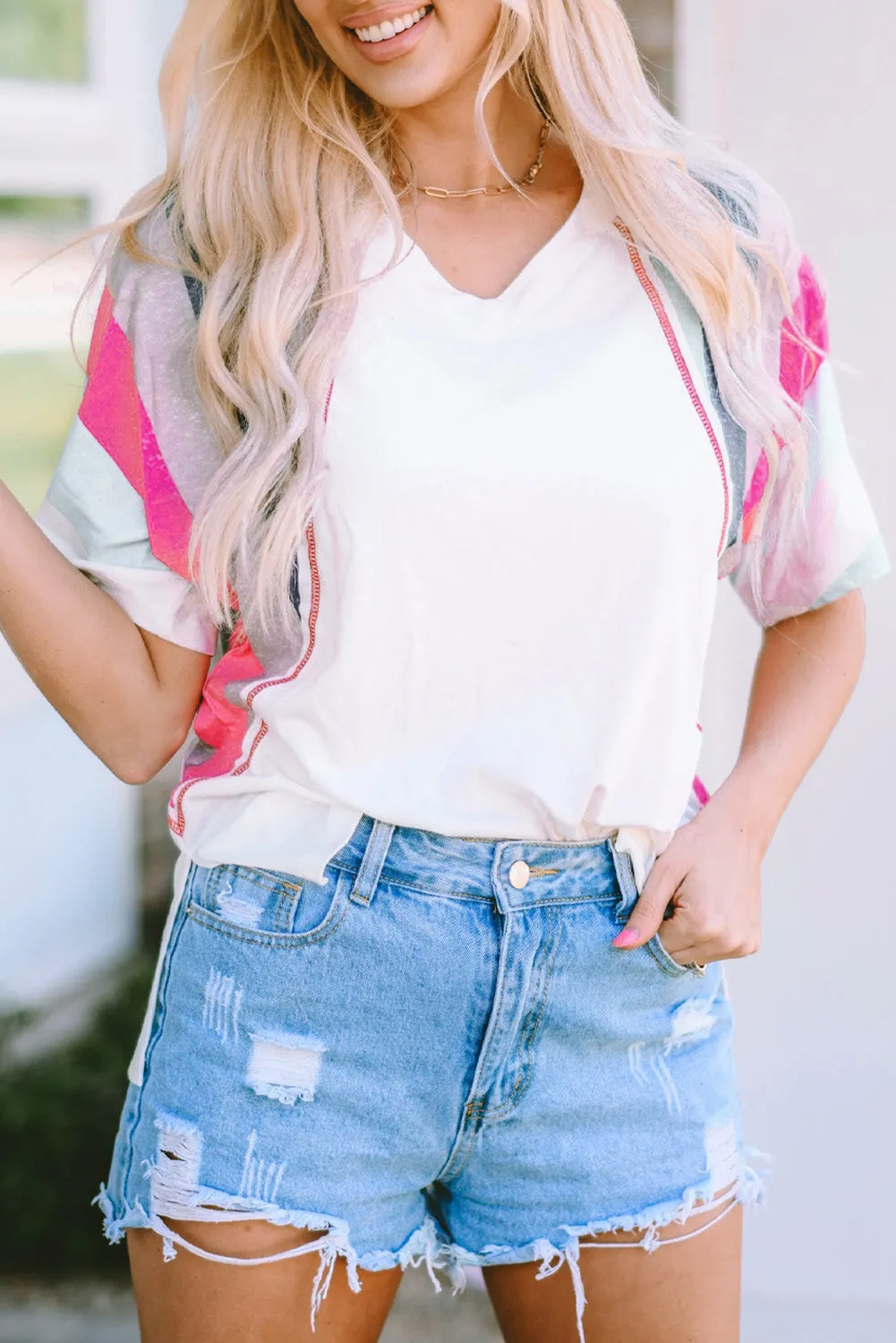 White Stripe Patchwork T Shirt