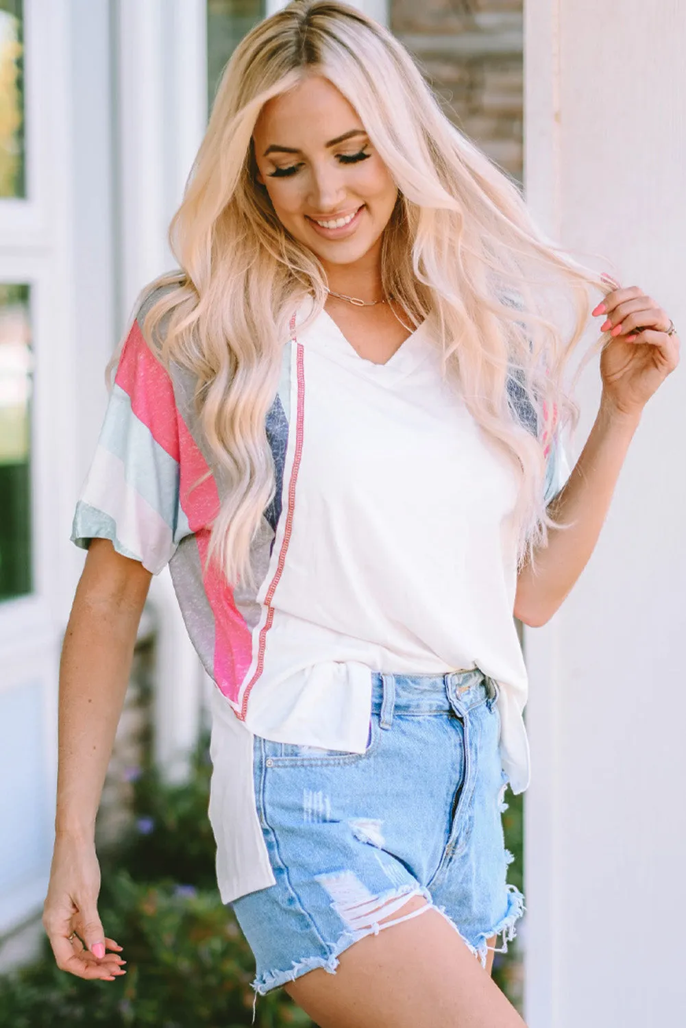 White Stripe Patchwork T Shirt