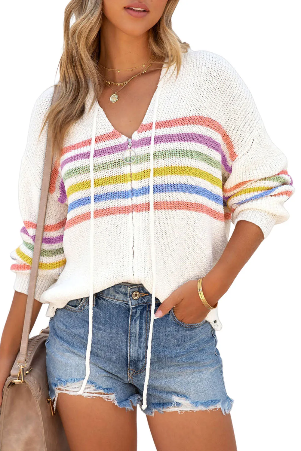 White Striped Detail Zip Up Hooded Sweater Cardigan