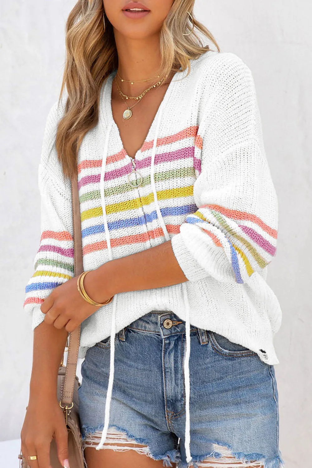 White Striped Detail Zip Up Hooded Sweater Cardigan