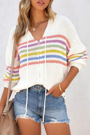 White Striped Detail Zip Up Hooded Sweater Cardigan