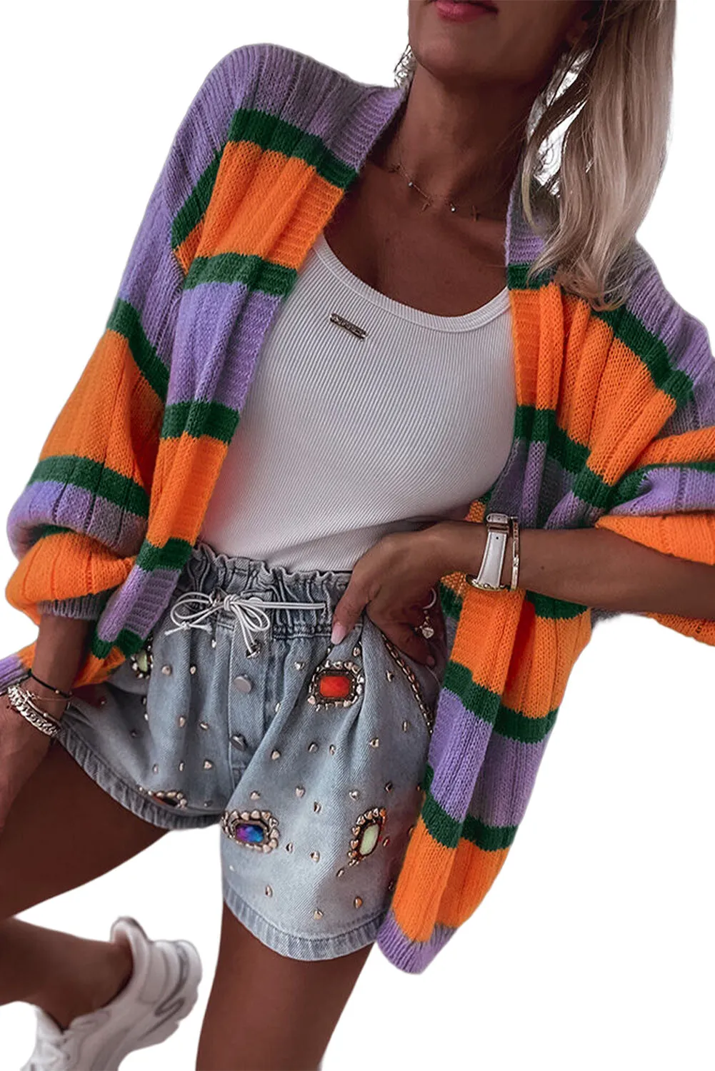 Wisteria Orange Striped Ribbed Knit Sweater Cardigan