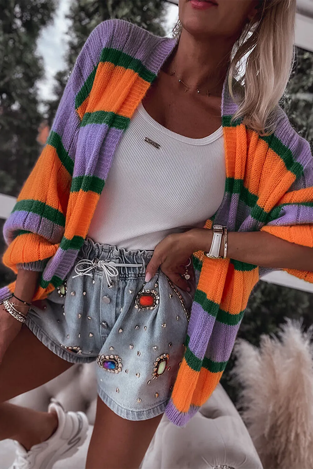 Wisteria Orange Striped Ribbed Knit Sweater Cardigan