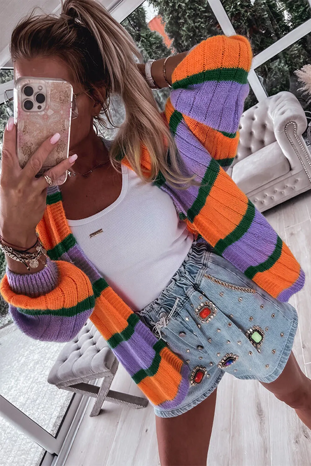 Wisteria Orange Striped Ribbed Knit Sweater Cardigan