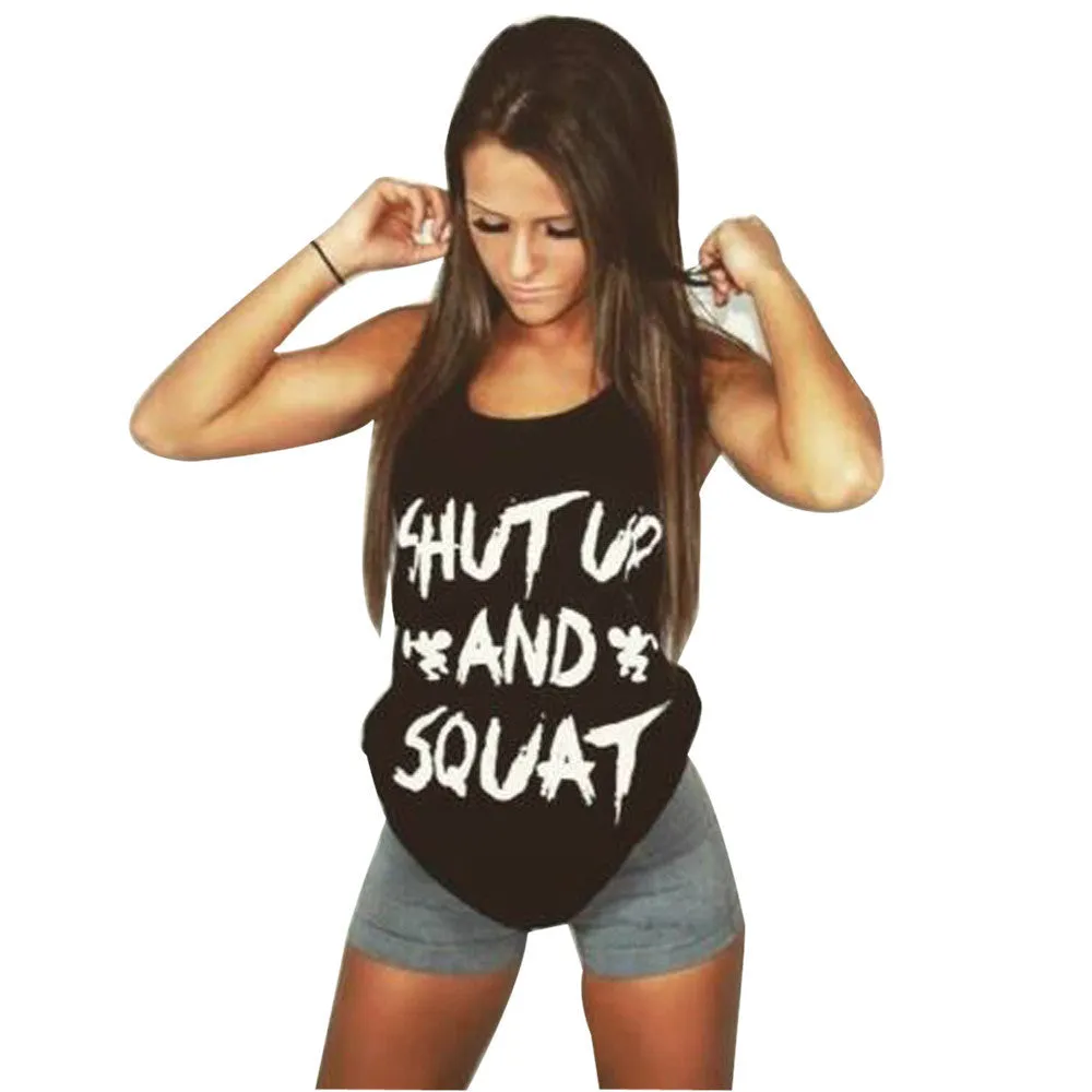 Women Fashion Workout Tank Top Summer Sleeveless Letter Print Shirt Clothes Fitness Vest Plus Size
